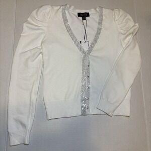 Truth By Republic Rhinestone Cardigan Puff Sleeve V Neck Sweater‎ Top White NWT